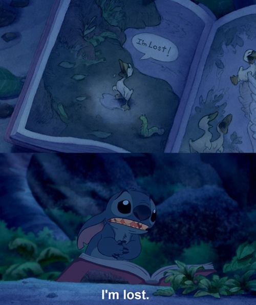 Stitch saying he's lost with the Ugly Duckling book